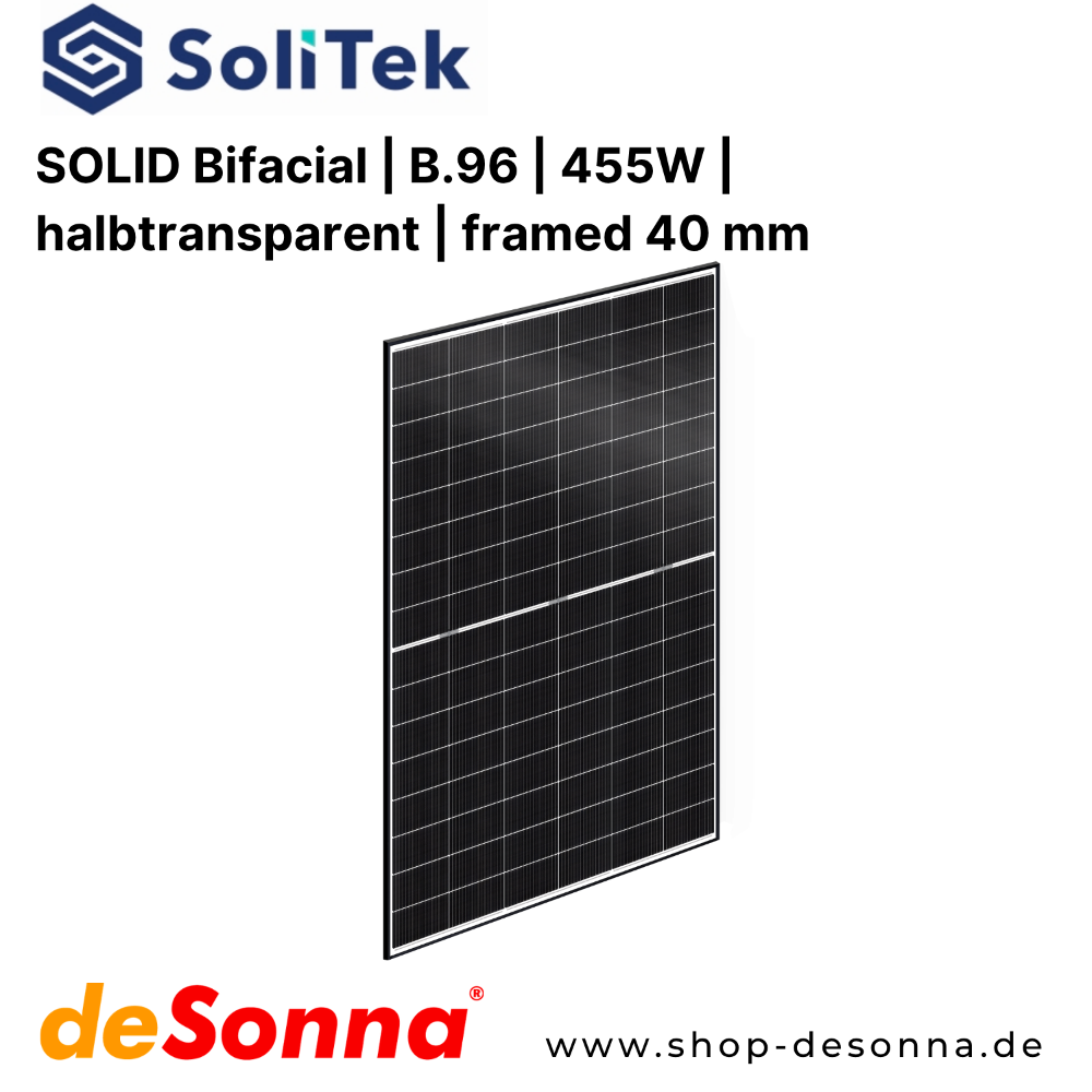 SoliTek 455W halbtransparentes Solarmodul Glas Glas bifazial 40mm Rahmen
